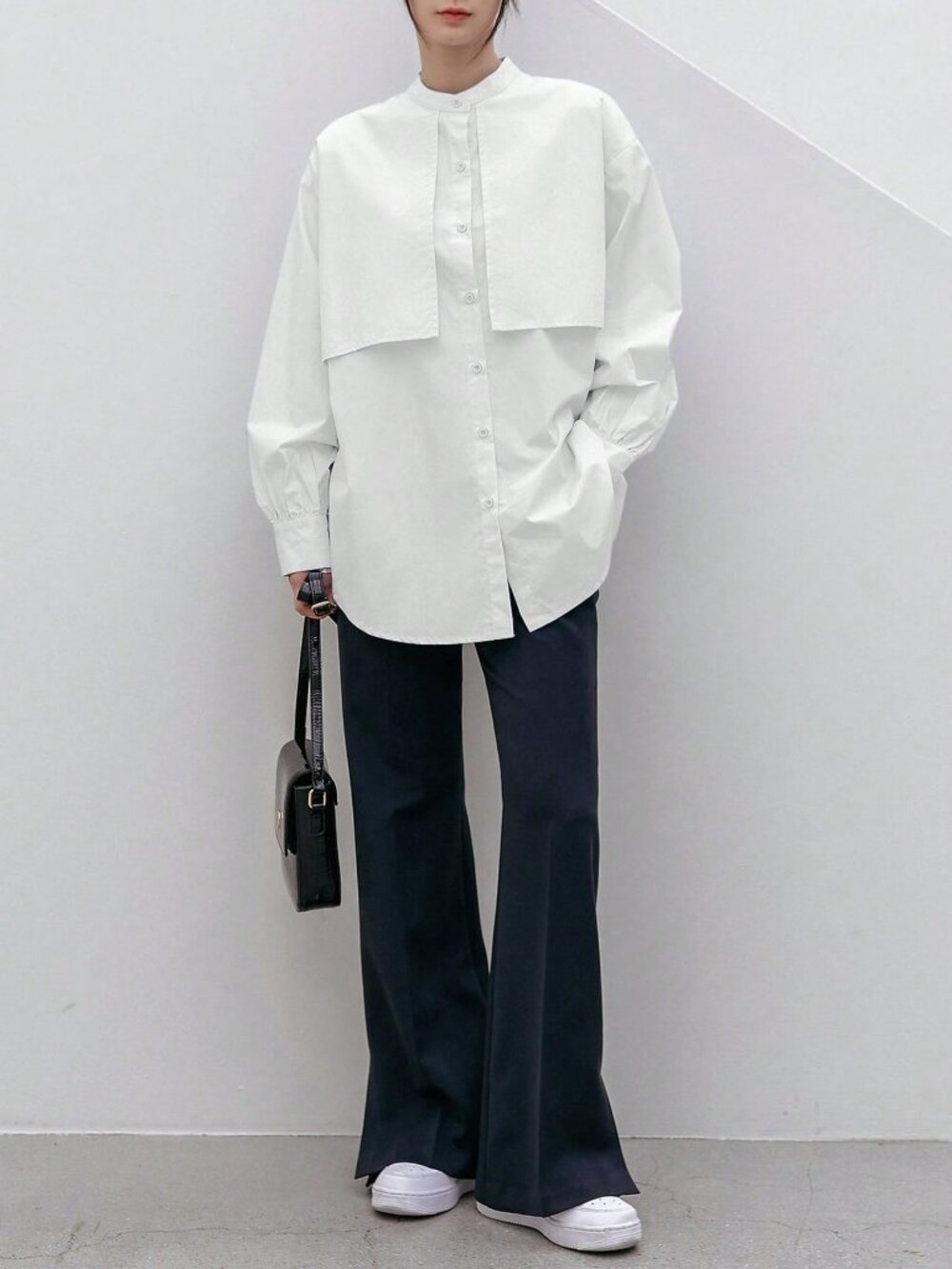 White Casual Oversized Drop Shoulder Button Stand Collar Long Sleeve Shirt - Picture 8 of 12